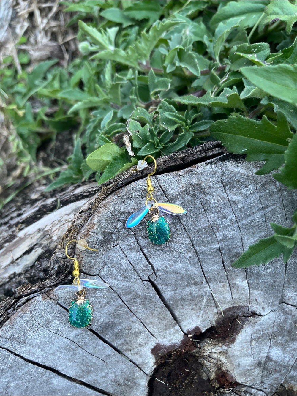 Gold-Tone Green Teardrop Dangle Earrings with Iridescent Petals
